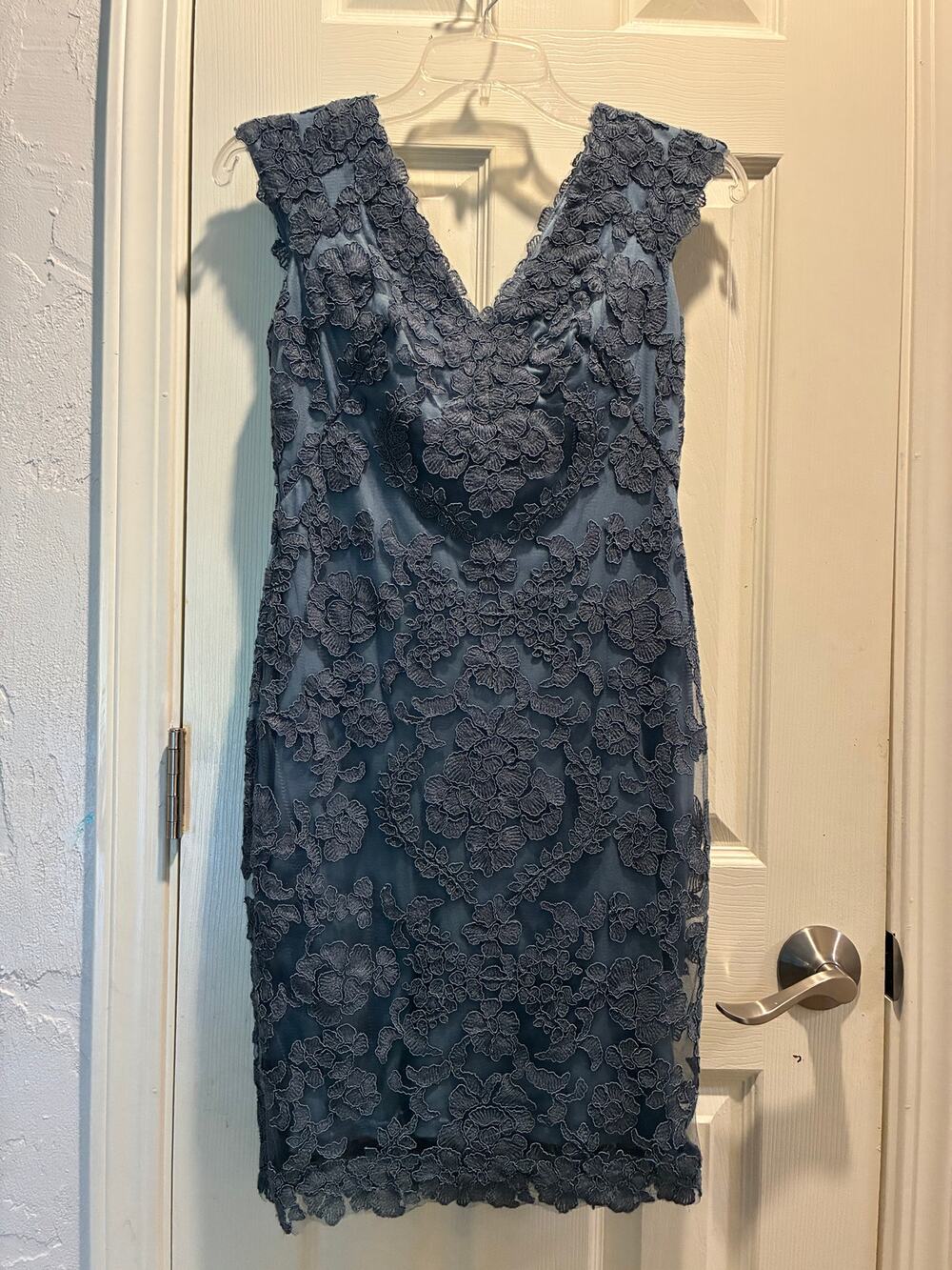 Tadashi Shoji Parker Embroidered Lace Dress Steel Blue Sheath Mock V